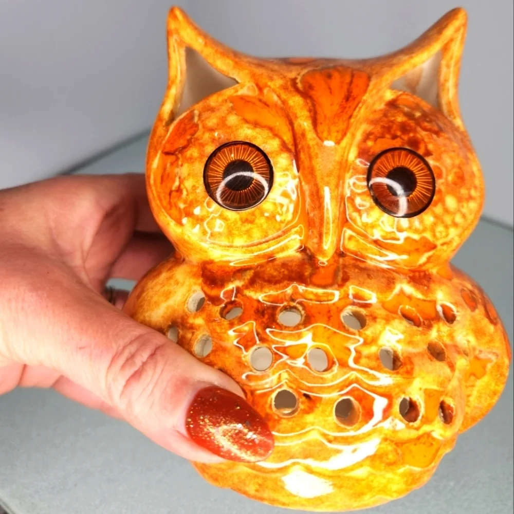 Ceramic owl drip glaze orange luminaria retro orange tealight candle holder